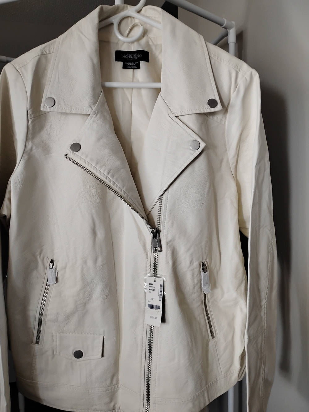 MICHEL STUDIO Ivory Vegan Faux Leather Long Sleeve Asymmetric Zip Moto Jacket